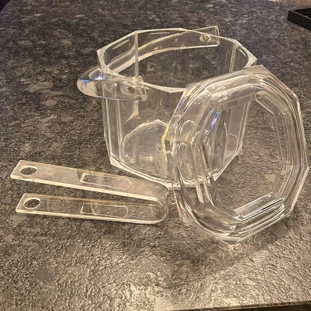MCM Large Lucite Clear Crystal Ice Bucket With Handle Lid and Tongs